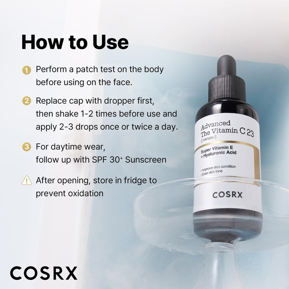 COSRX Advanced Pure Vitamin C 23% sérum — intégration avec une protection SPF.