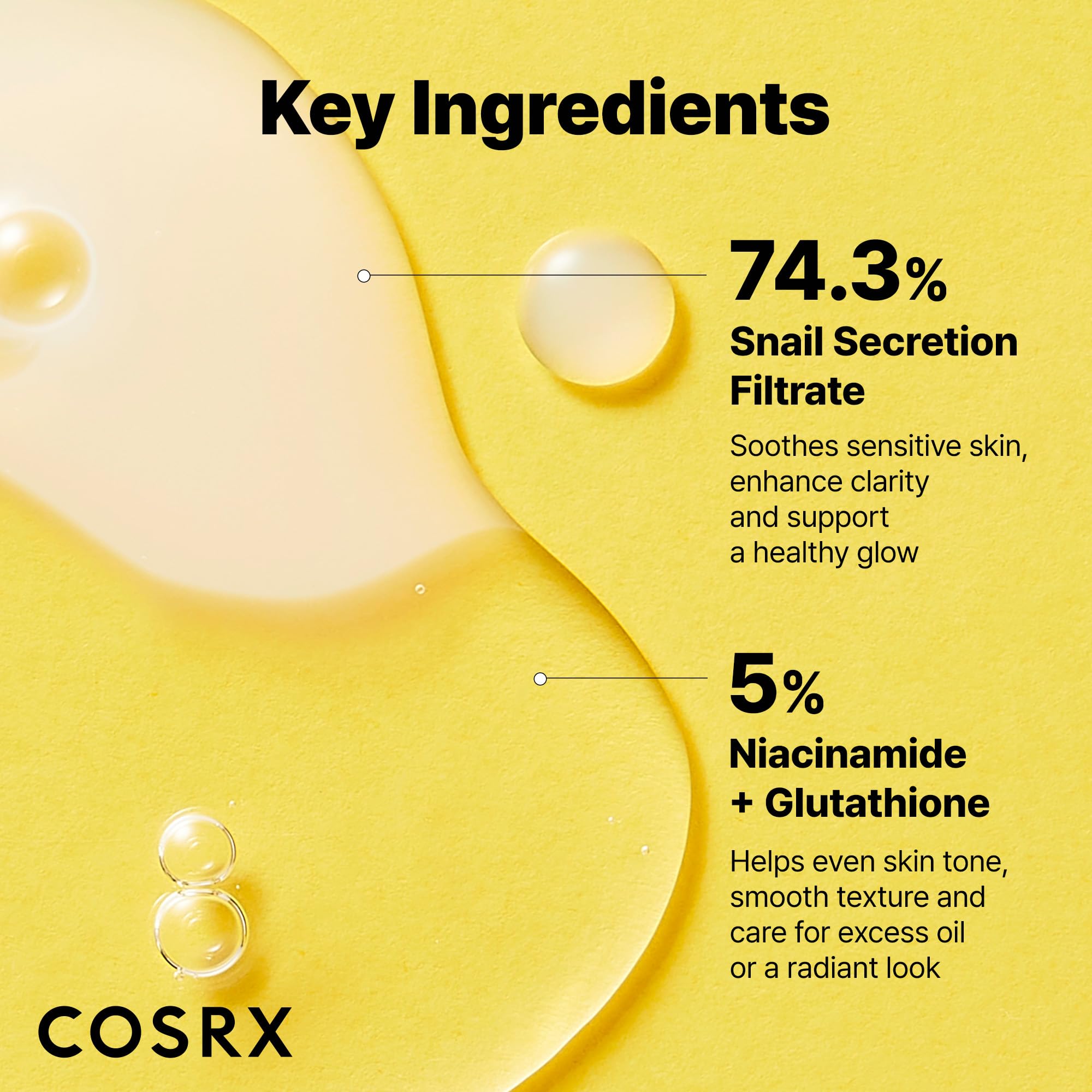 COSRX Snail Mucin 74% + Niacinamide, ingrédients clés mis en avant pour l’éclat