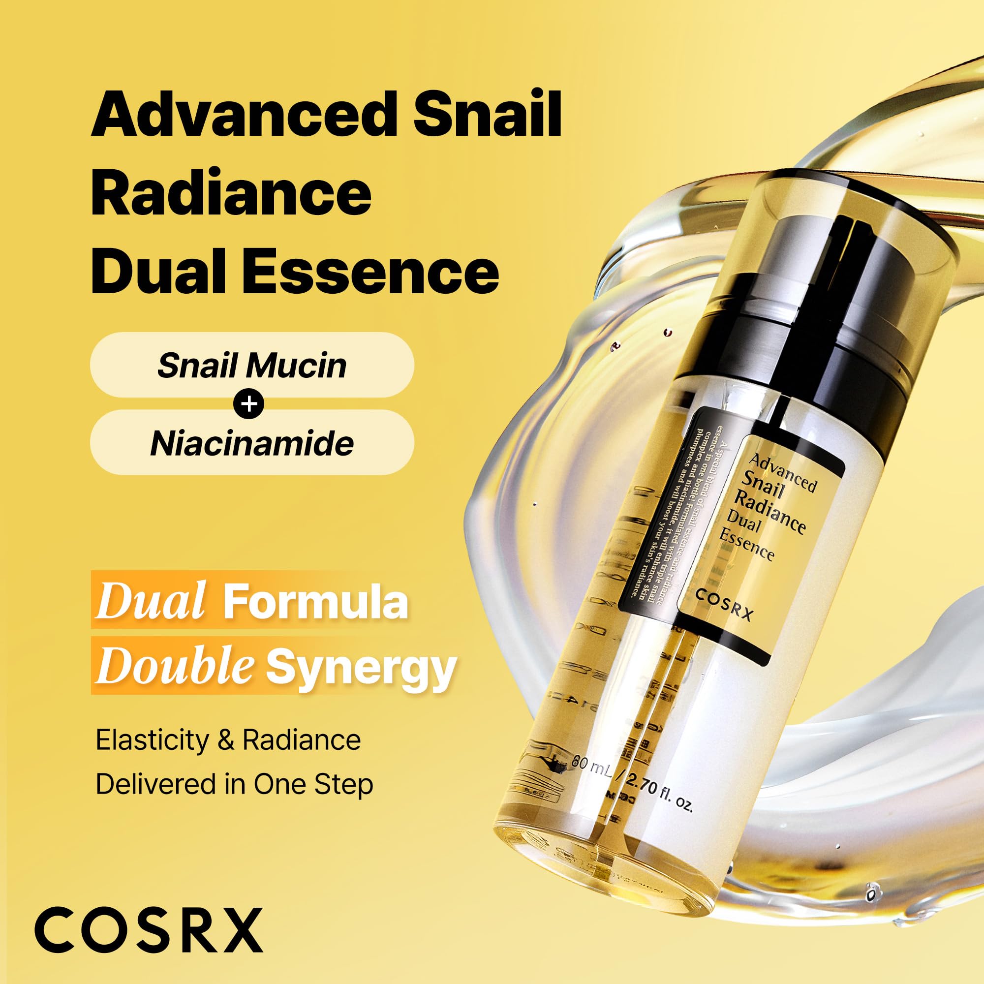 COSRX Snail Mucin 74% + Niacinamide, textures doubles visibles pour hydratation légère et efficace