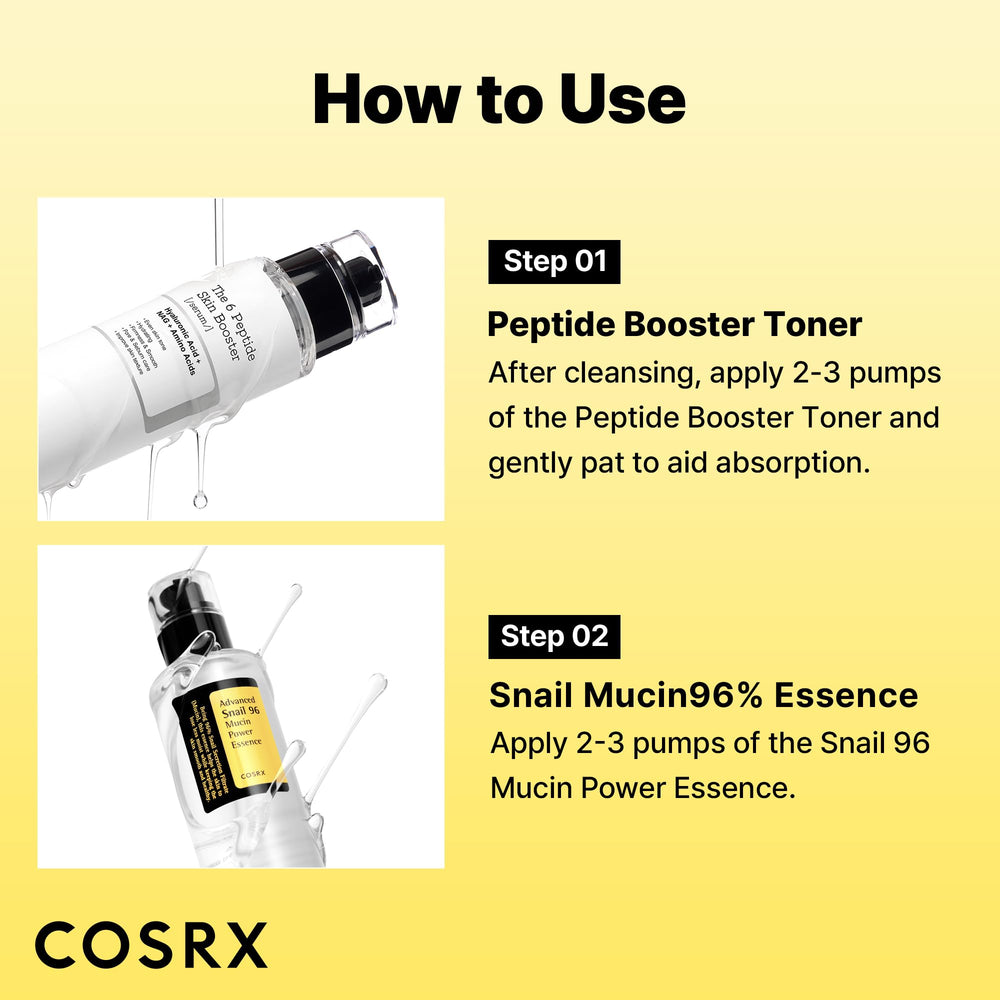 COSRX Snail Mucin 96% Peptide Booster Set – guide d'utilisation simple en trois étapes.