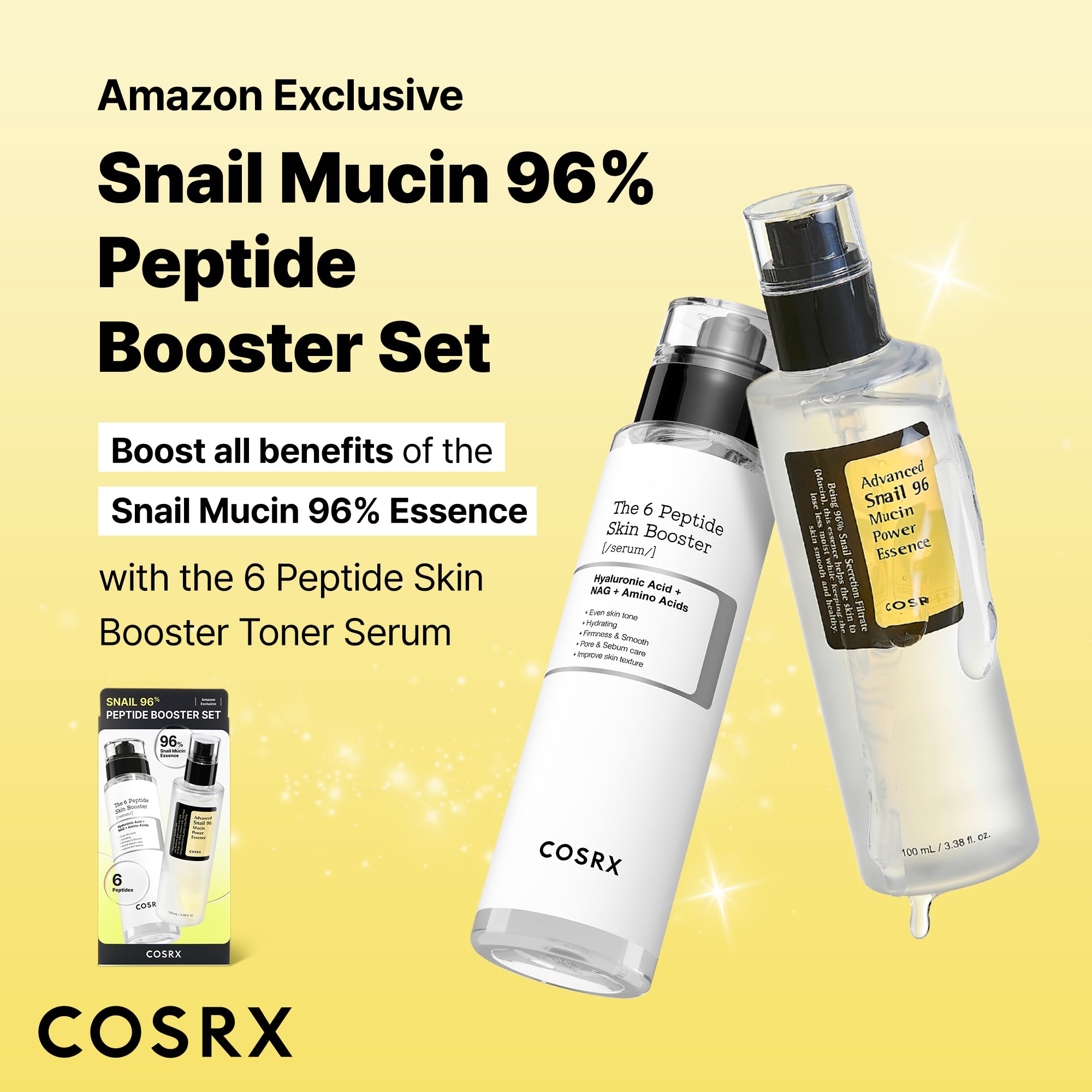 COSRX Snail Mucin 96% Peptide Booster Set – sérum booster hydratant pour peau lumineuse.