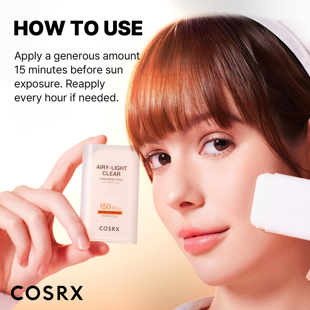 Cosrx Airy-Light Stick Solaire, format compact pour le voyage.
