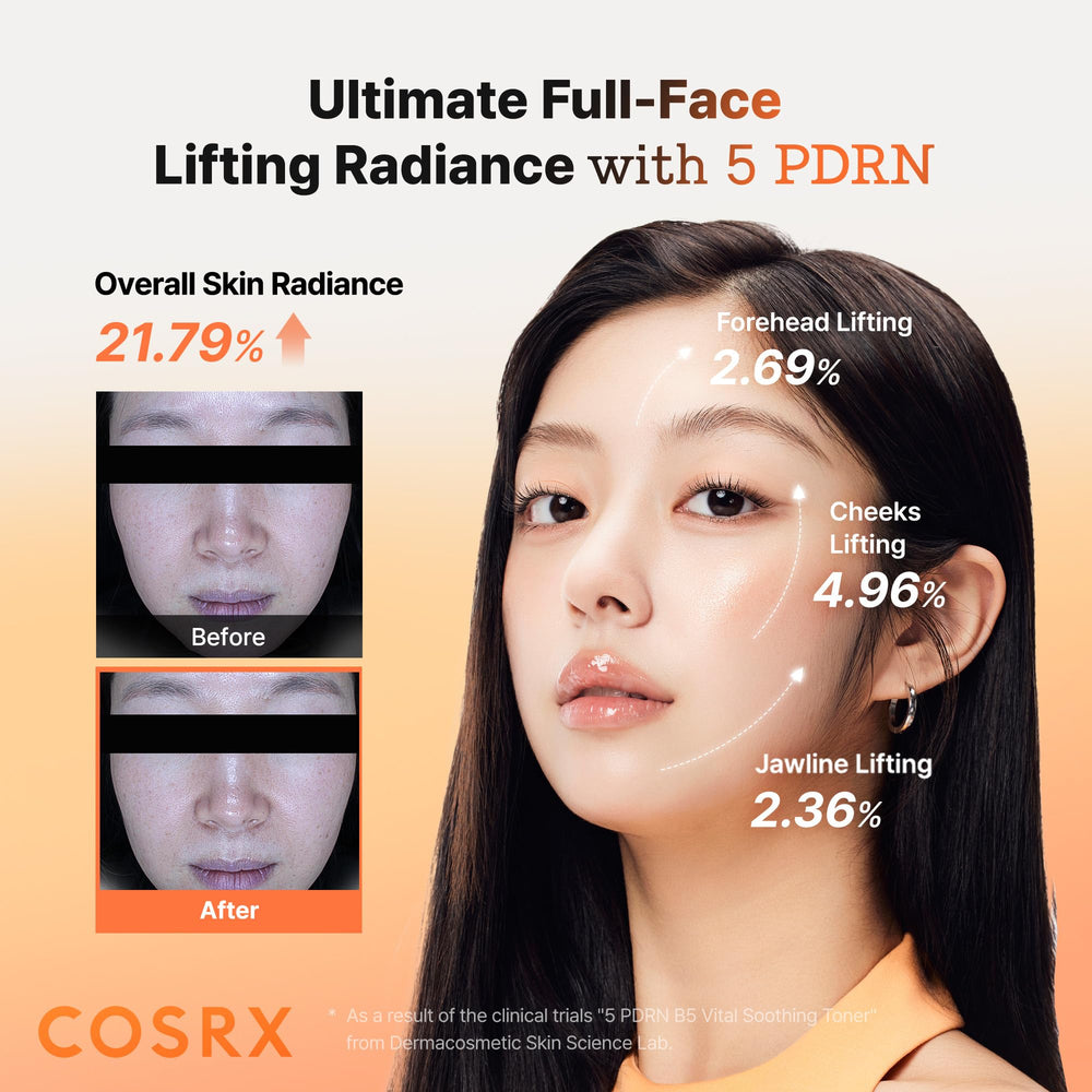 COSRX 5 PDRN B5 tonique – gouttes visibles sur la peau apportant hydratation.