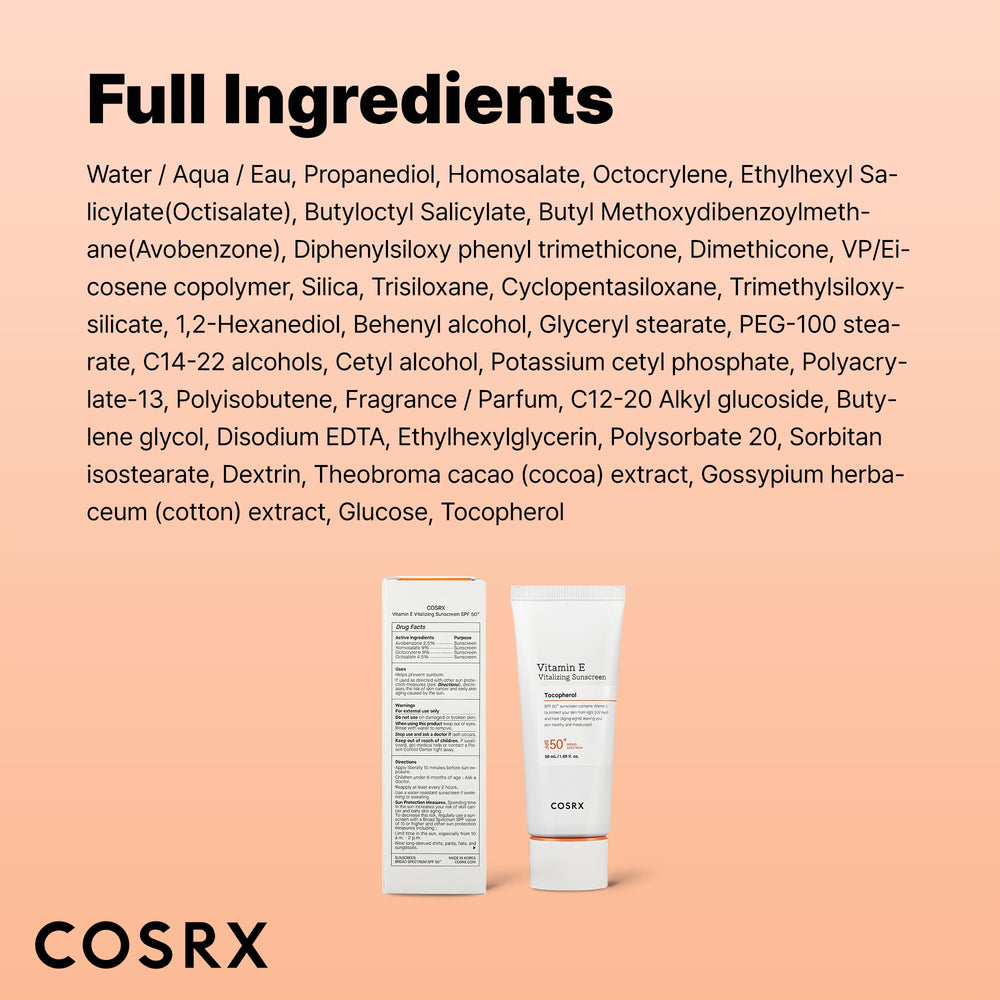 COSRX Vitamin E SPF50: sans résidu blanc et effet naturel.