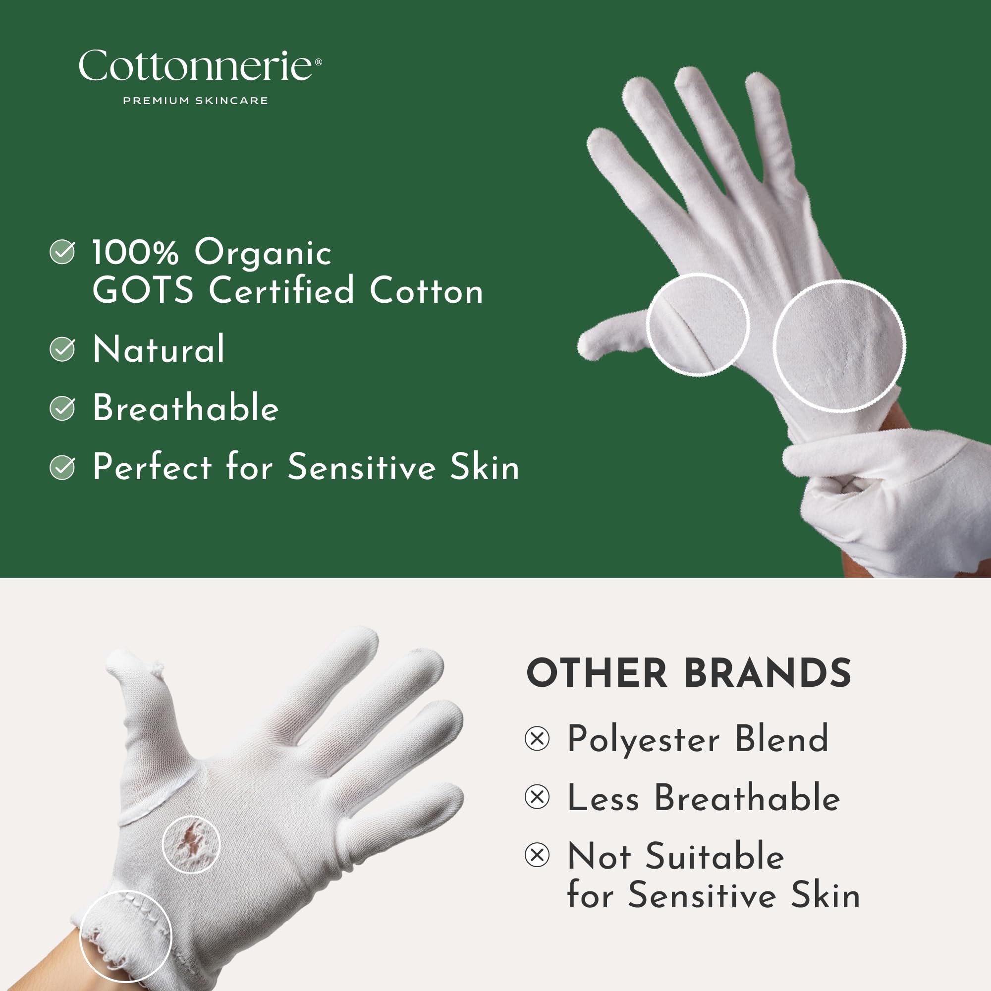 Gants Cottonnerie avec coutures renforcées et poignet élastique.