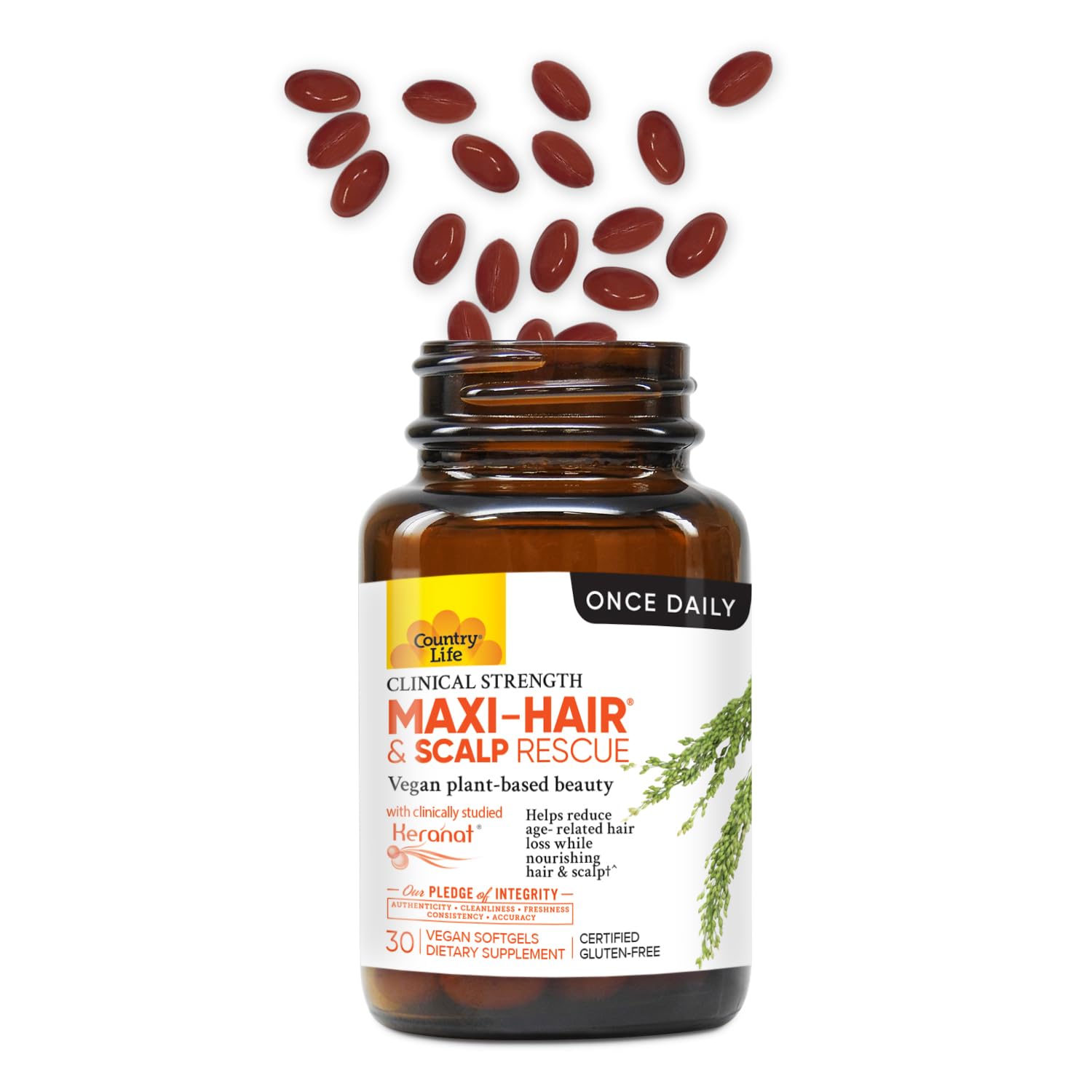 Country Life Maxi-Hair Rescue — gélules faciles à avaler, potentiellement bénéfiques pour la vitalité capillaire.