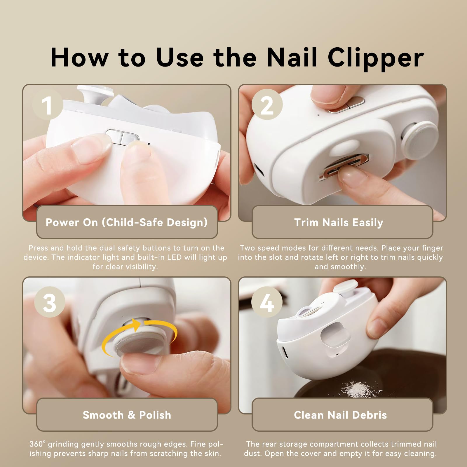 Coupe-ongles électrique 2 en 1 avec bac de rétention, débris facilement récupérés.