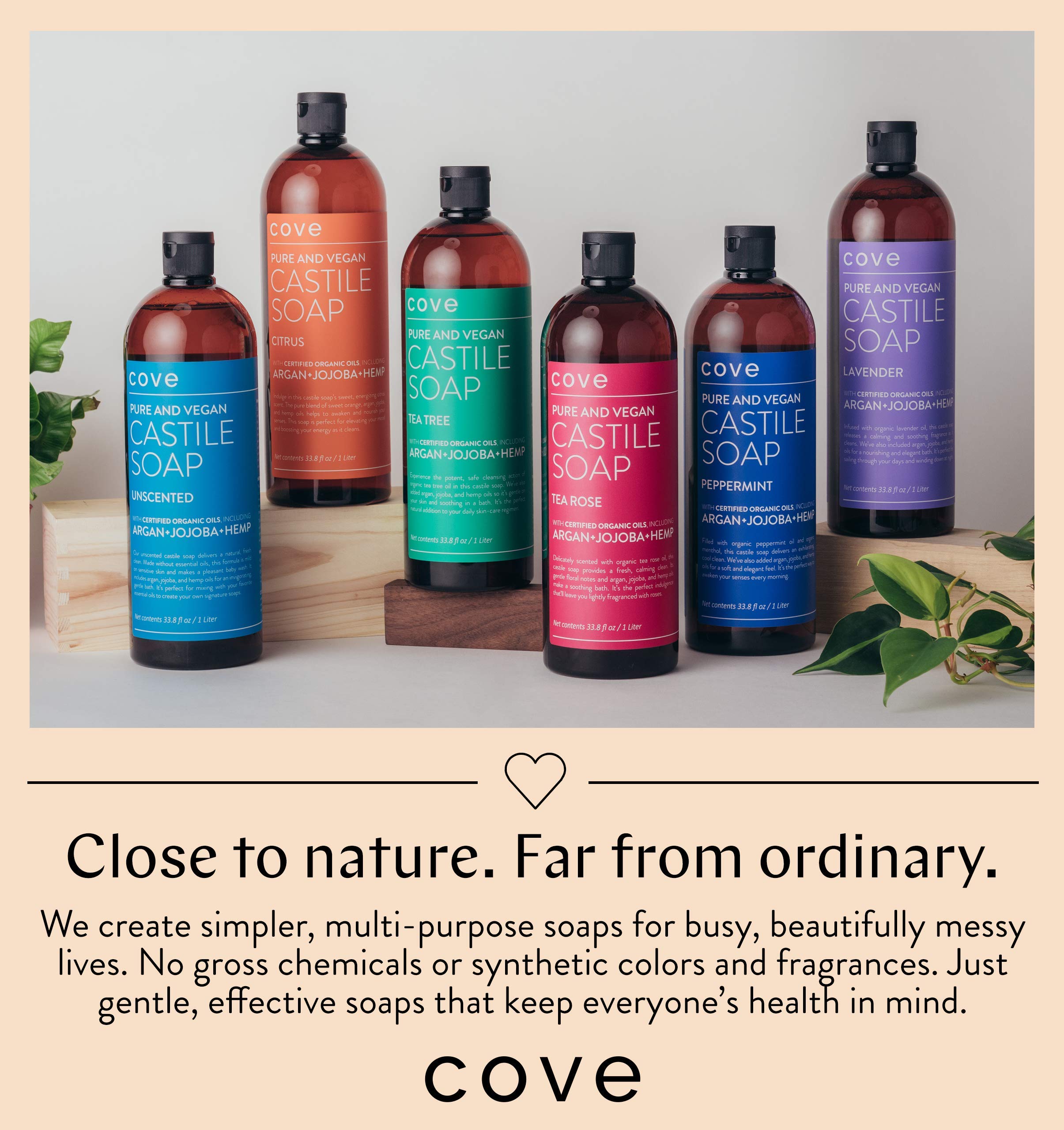 Cove Castile Sans Parfum : utilisation polyvalente comme shampoing, gel douche ou savon mains.