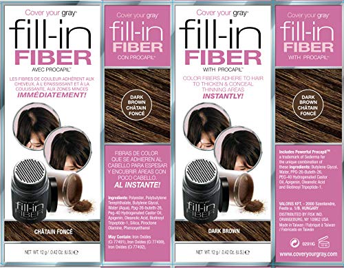 Cover Your Gray Pro Fill-In Fibers Procapil brun foncé – avant/après visible sur cheveux.
