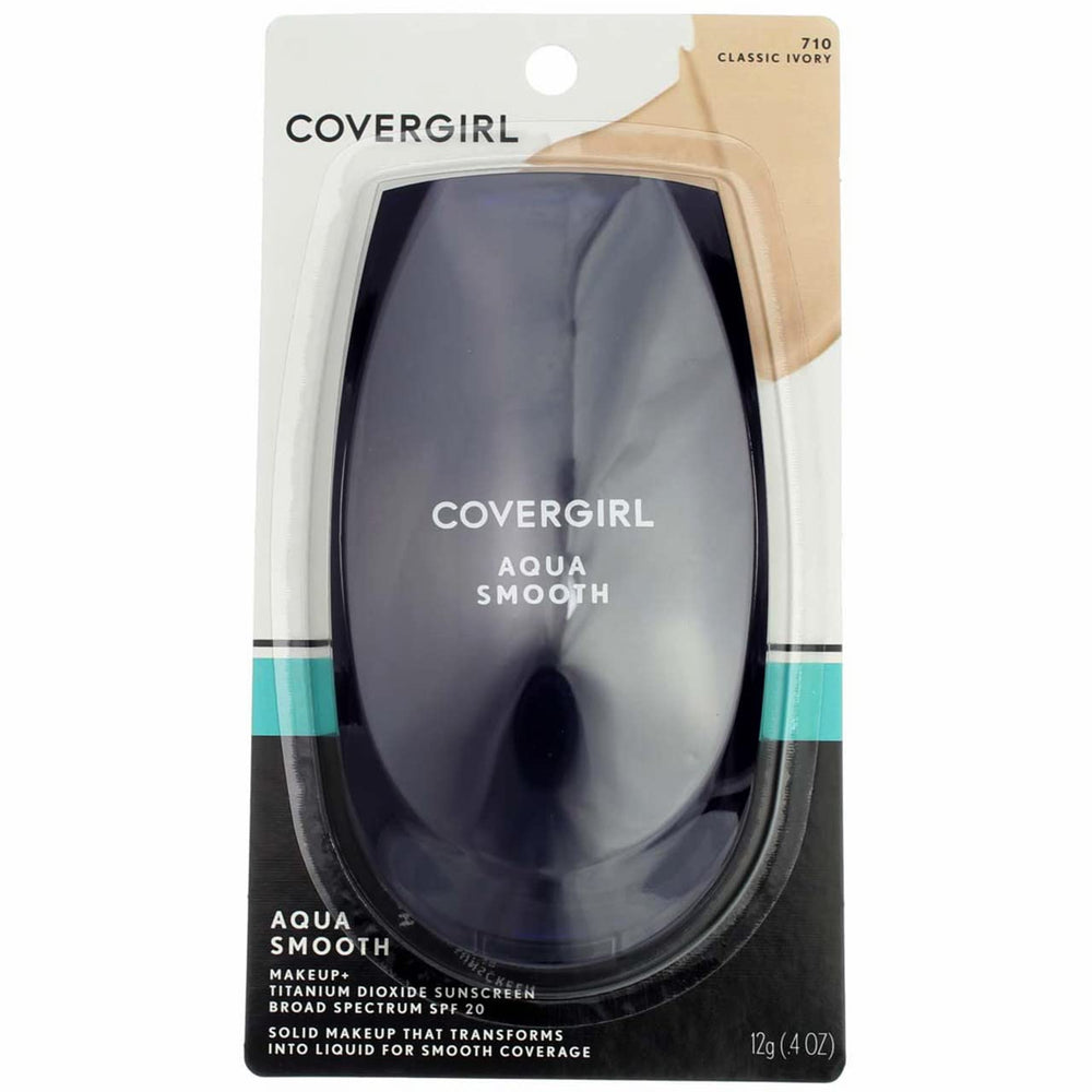 CoverGirl Aquasmooth Compact Foundation Classic Ivory emballage recto, finition hydratante.