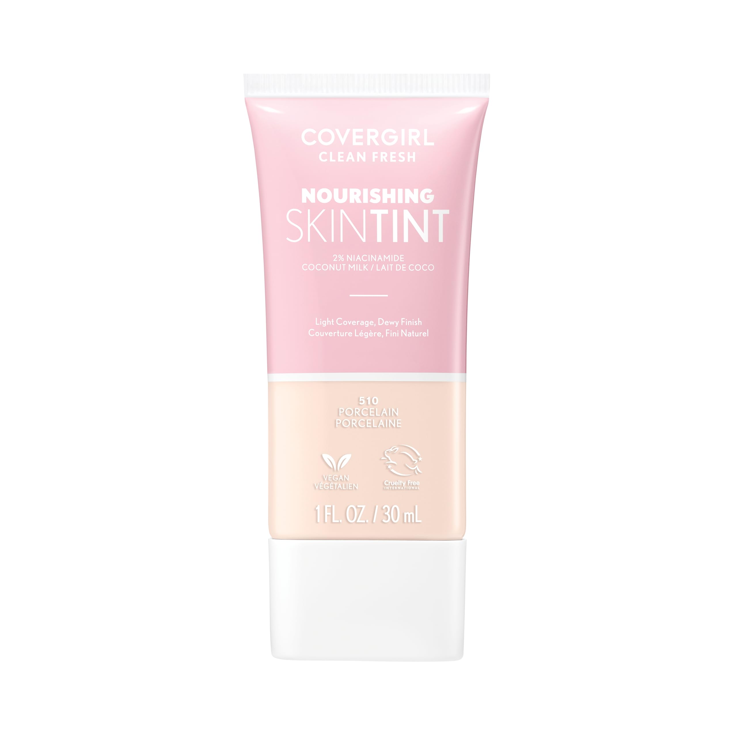 COVERGIRL Clean Fresh Nourishing Skin Tint Porcelaine 510, flacon élégant pour un teint naturel et hydraté