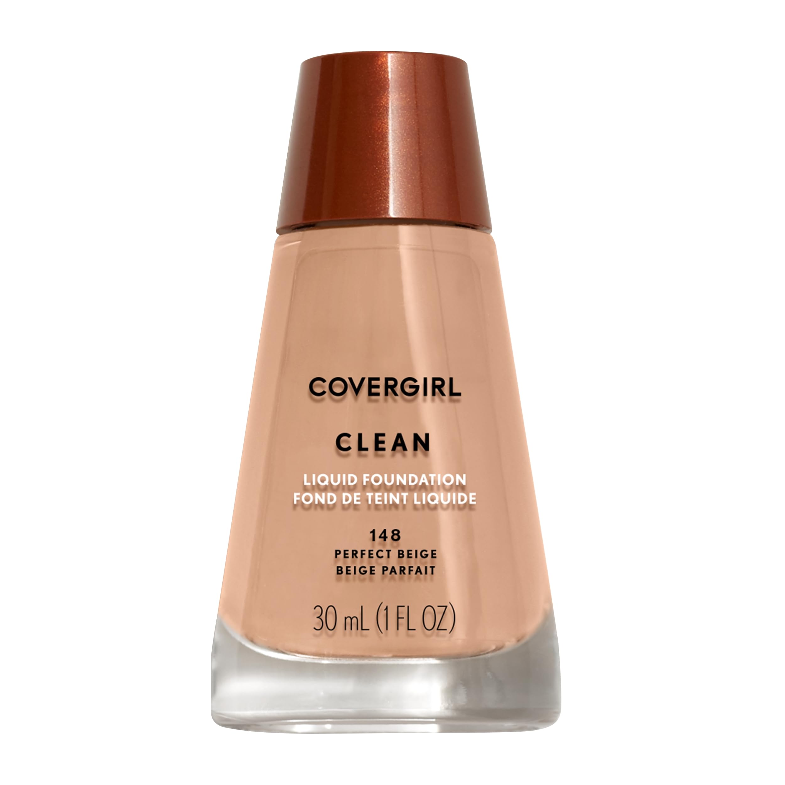 CoverGirl Clean Liquid Foundation bottle close-up for natural, breathable finish.