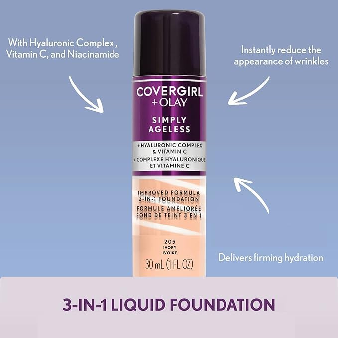 Étiquette et emballage élégant de CoverGirl & Olay Simply Ageless prêt à présenter.
