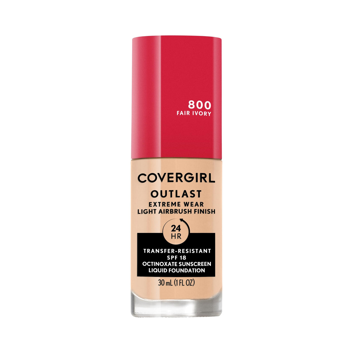Fond de teint Covergirl Outlast Extreme Wear en bouteille, teinte Ivory clair, longue tenue.