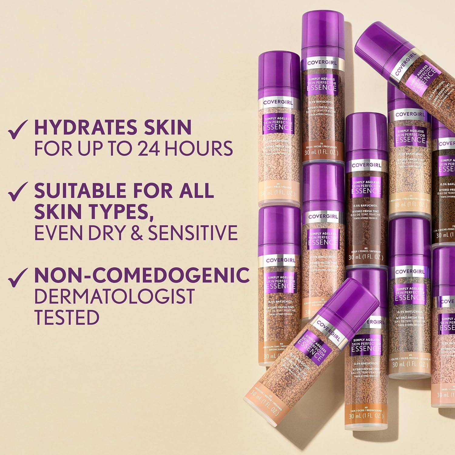COVERGIRL Simply Ageless Foundation, contient 71% d eau, sensation hydratée et légère.