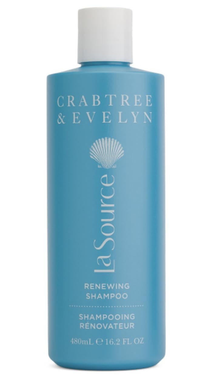 Crabtree & Evelyn La Source Renewing Shampoo bottle front shows refreshing, revitalizing formula.