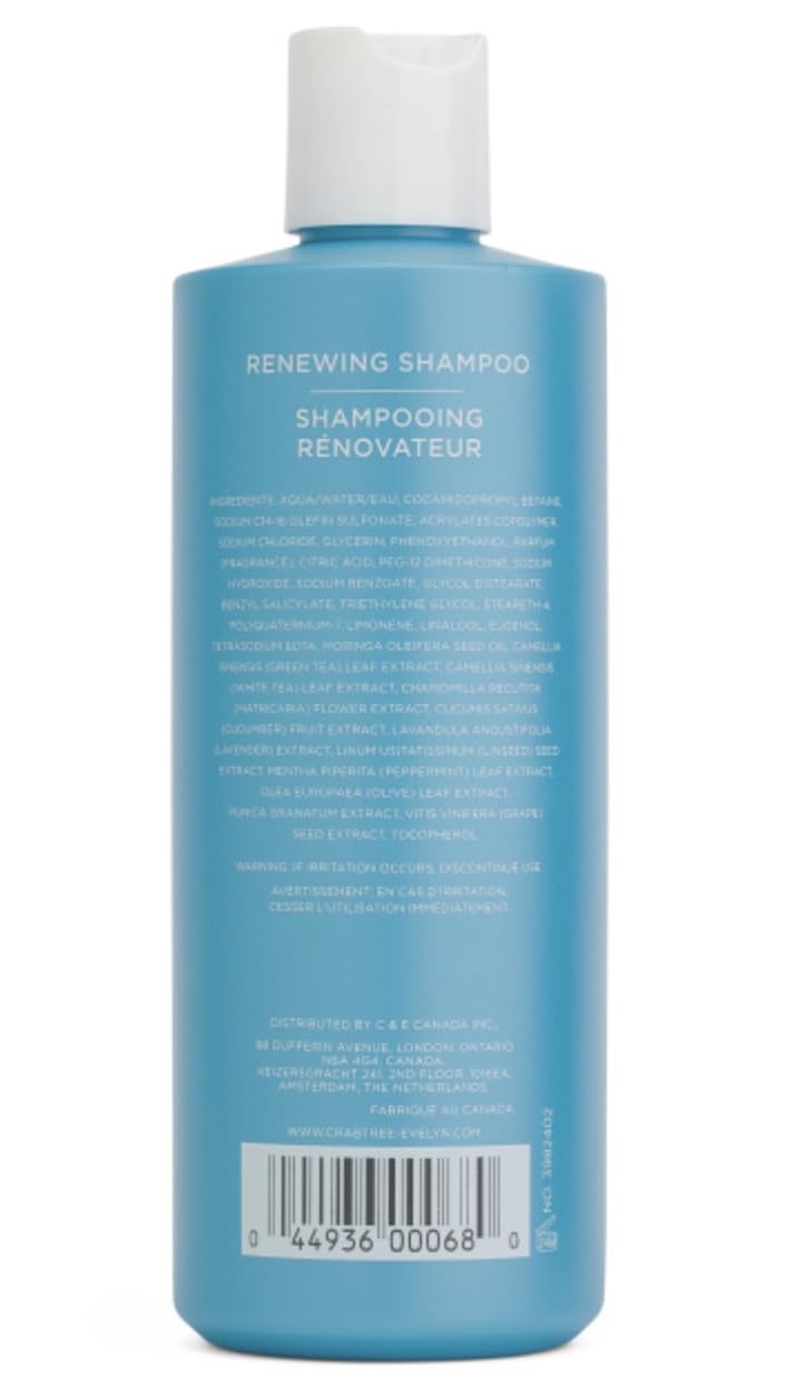 Crabtree & Evelyn La Source Renewing Shampoo label close-up highlights nourishing botanicals.