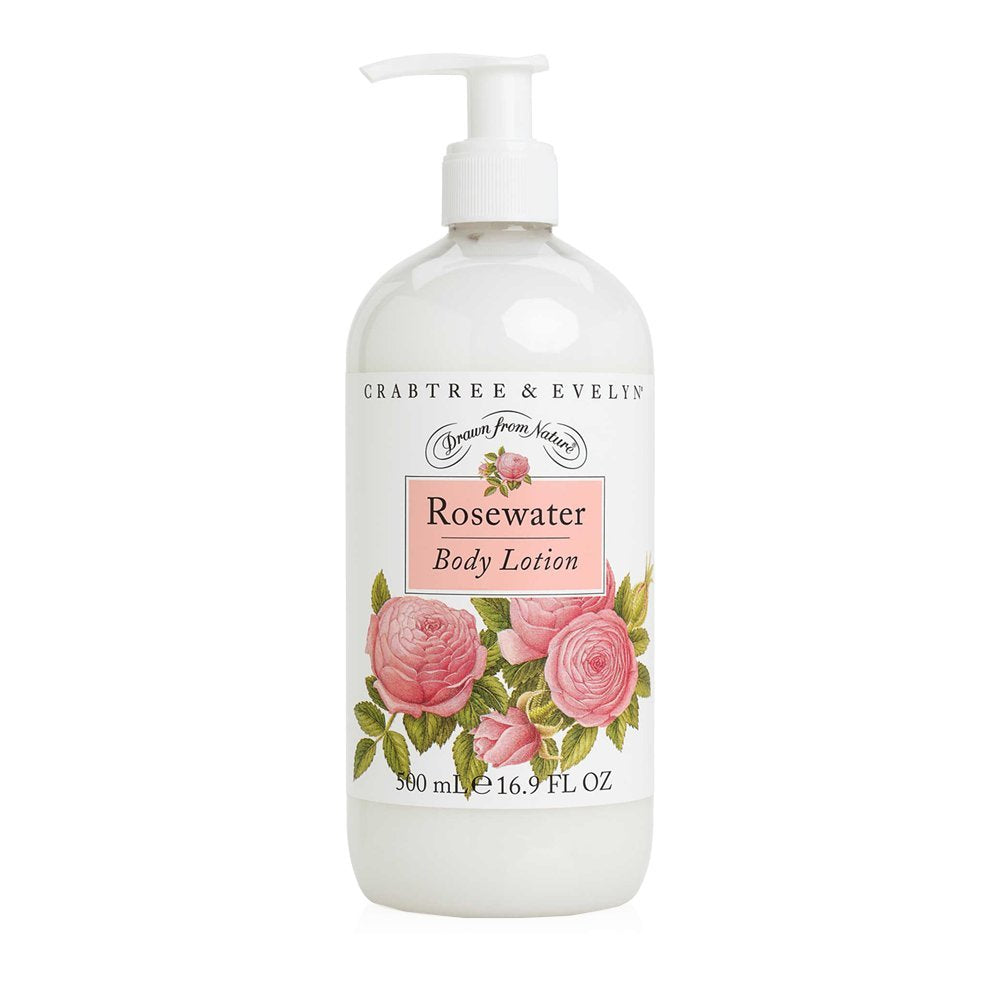 Lotion corporelle Crabtree & Evelyn Rosewater dans sa bouteille, hydratation légère et parfum délicat.