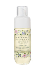 Crabtree & Evelyn Summer Hill huile corporelle, flacon, hydratation légère et parfum estival pour la peau.