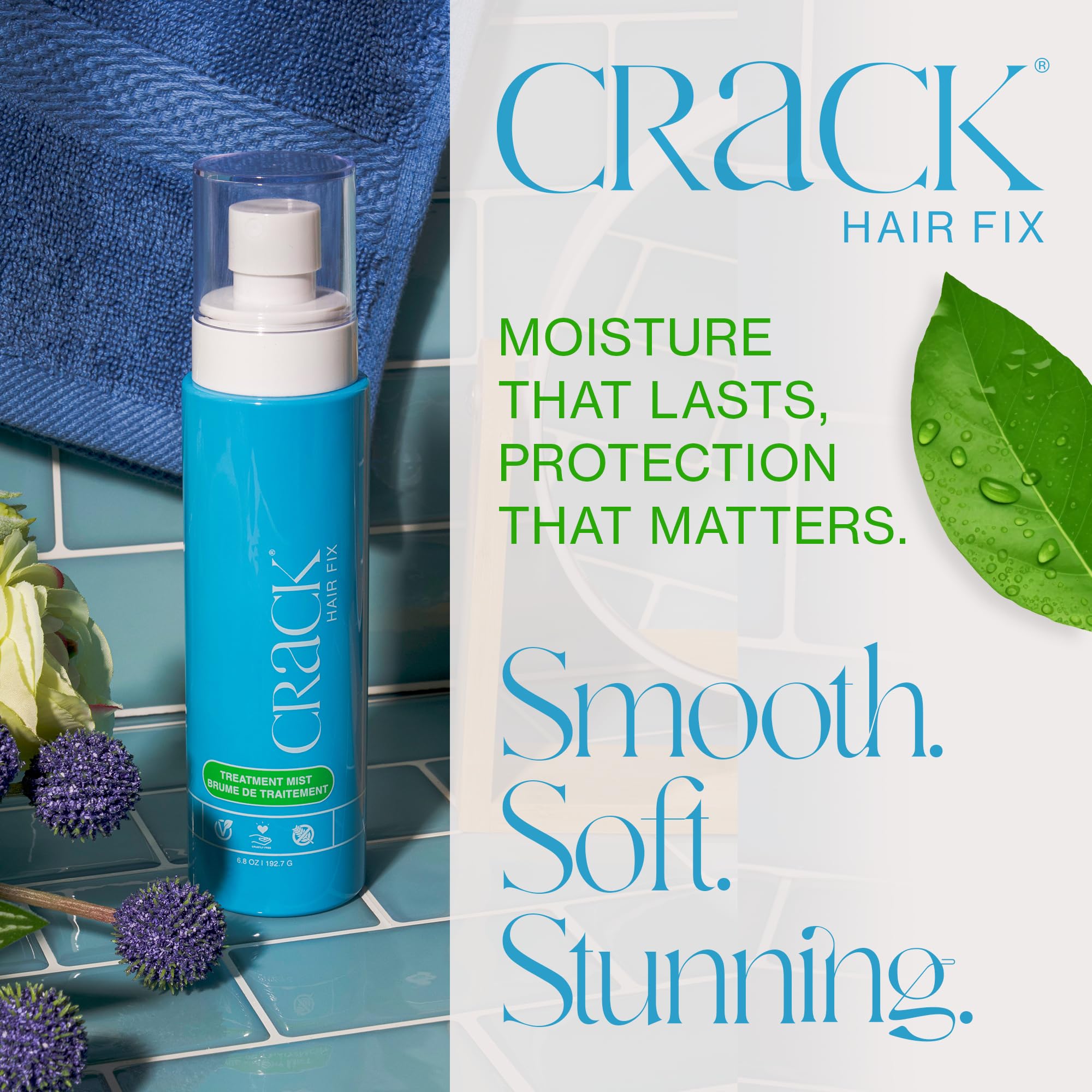 Crack Hair Fix brume anti-frizz, contrôle des frisottis et brillance naturelle.