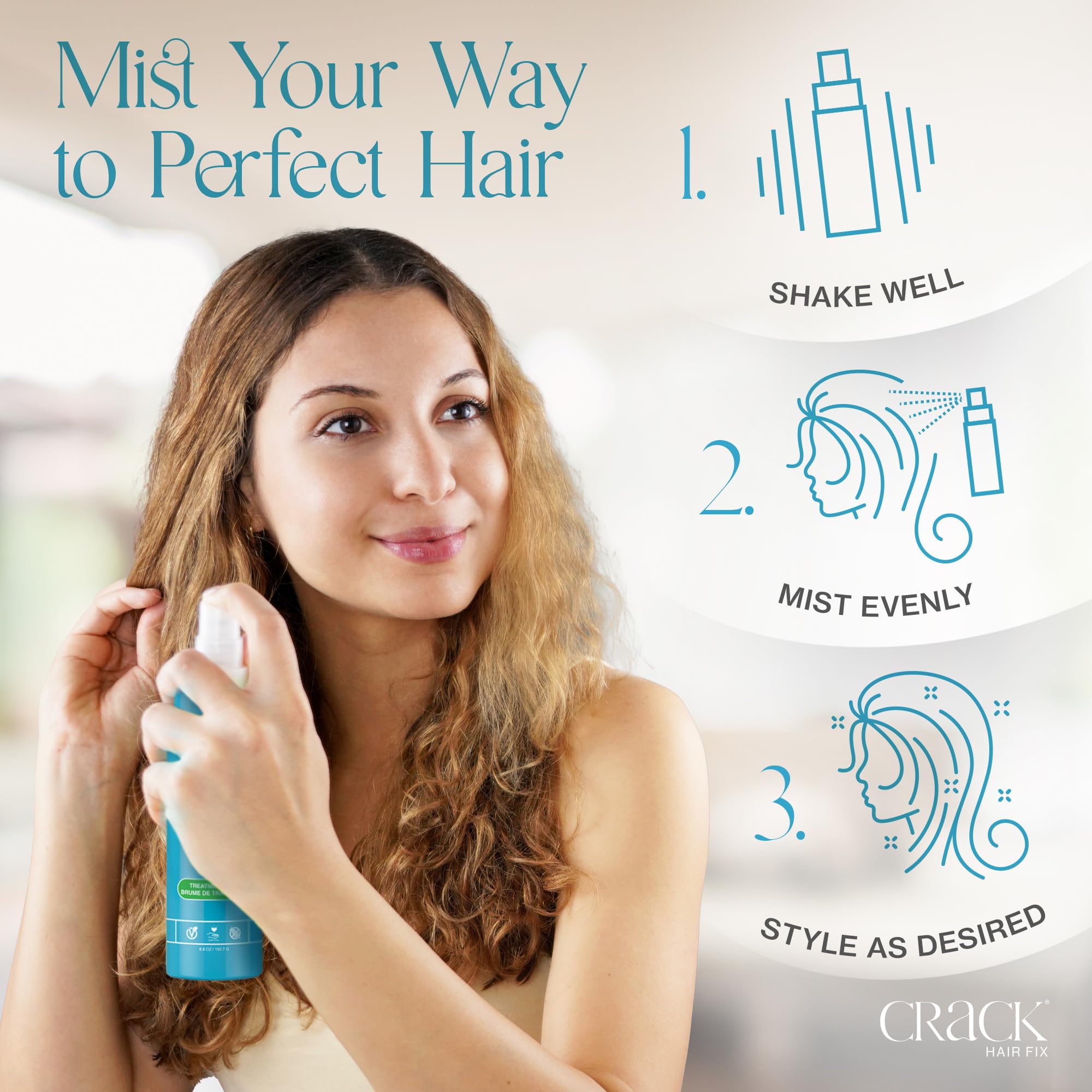 Crack Hair Fix brume application-en-mouvement, usage rapide en déplacement.