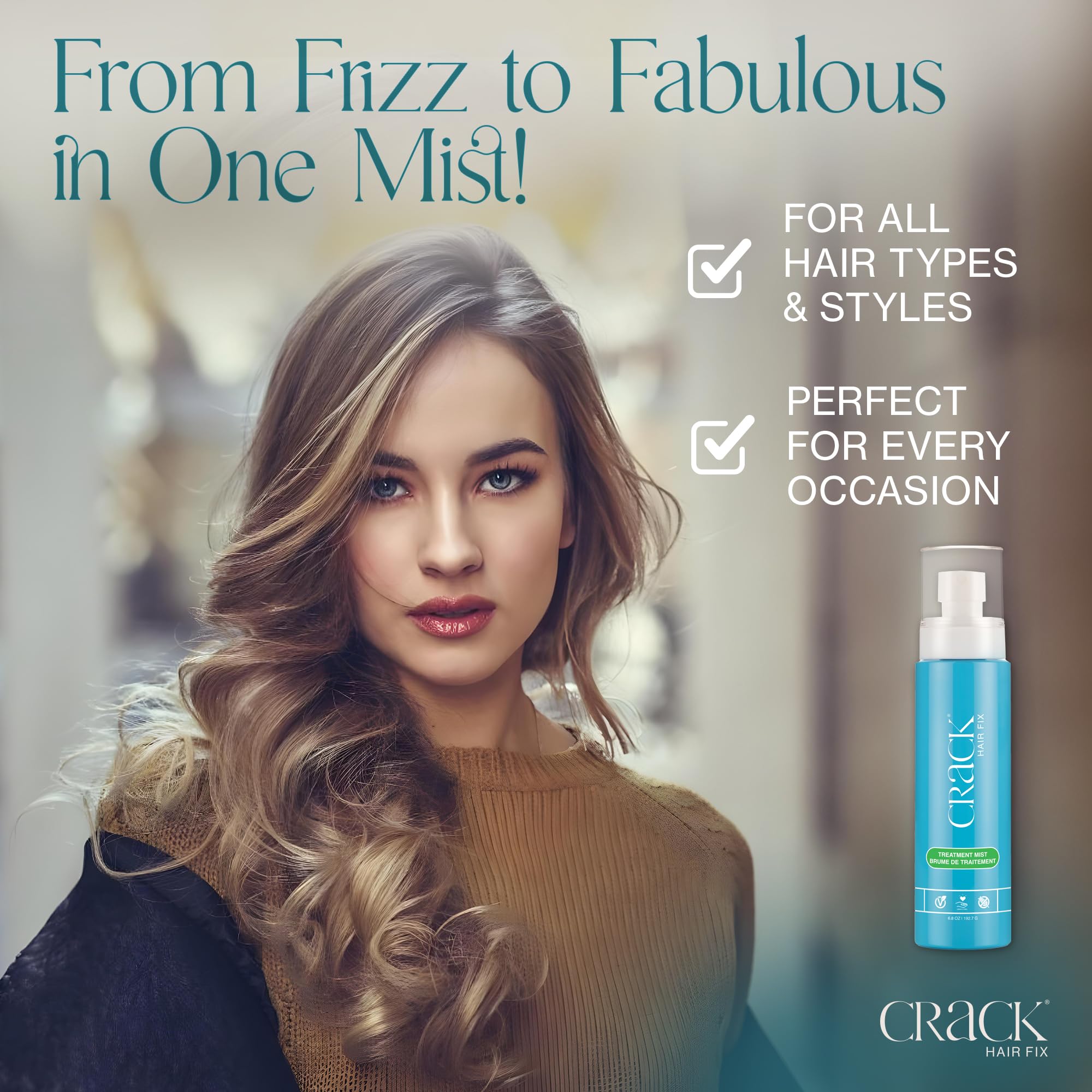 Crack Hair Fix brume brillance-saine, cheveux plus lisses et aspect soigné.