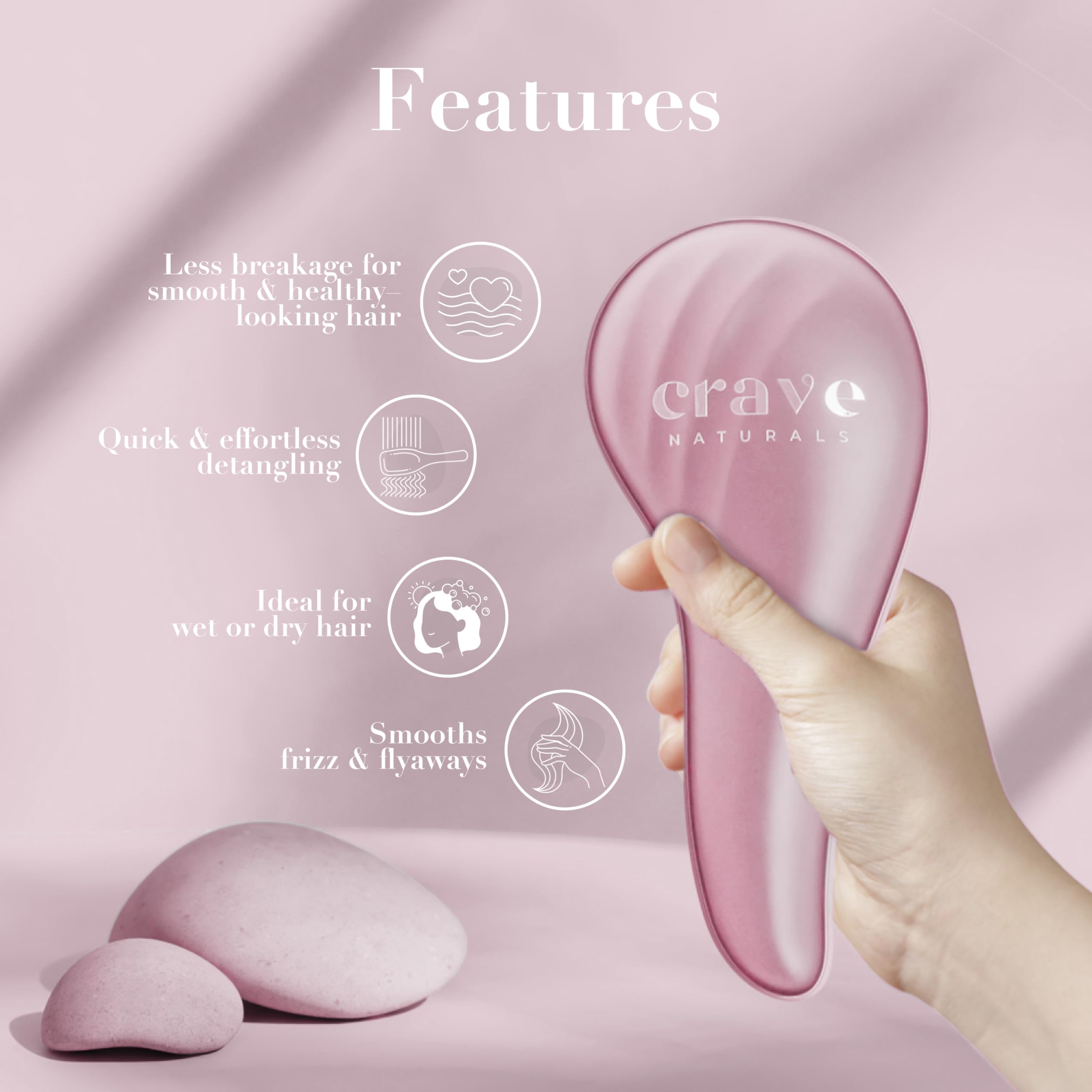 Crave Naturals brosse utilisable sur cheveux humides ou secs, rose.