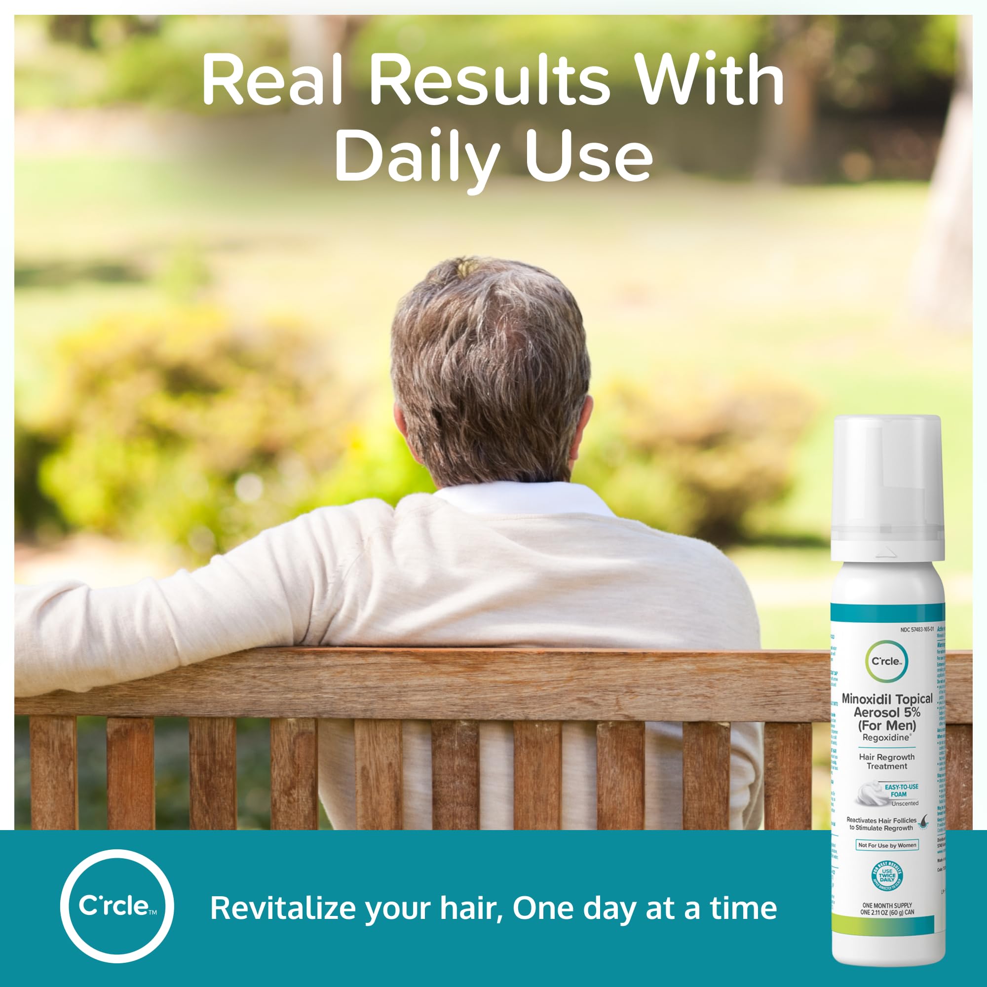 C'rcle Minoxidil 5% sur zone vertex pour densité capillaire.