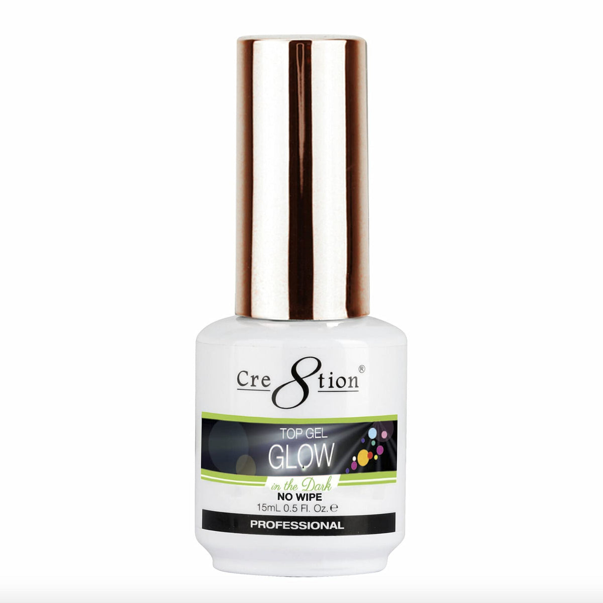 Cre8tion Glow Top Coat: bouteille montrant l'effet néon lumineux durable