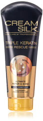 Cream Silk Triple Keratin Rescue - bouteille : démêlage facilité et brillance possible.