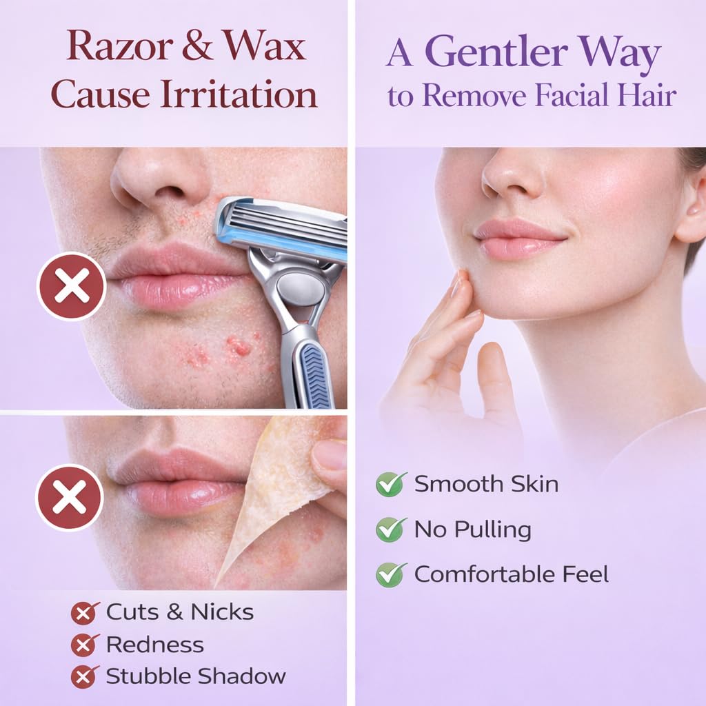 Application précise de la crème épilatoire sur le visage des femmes.