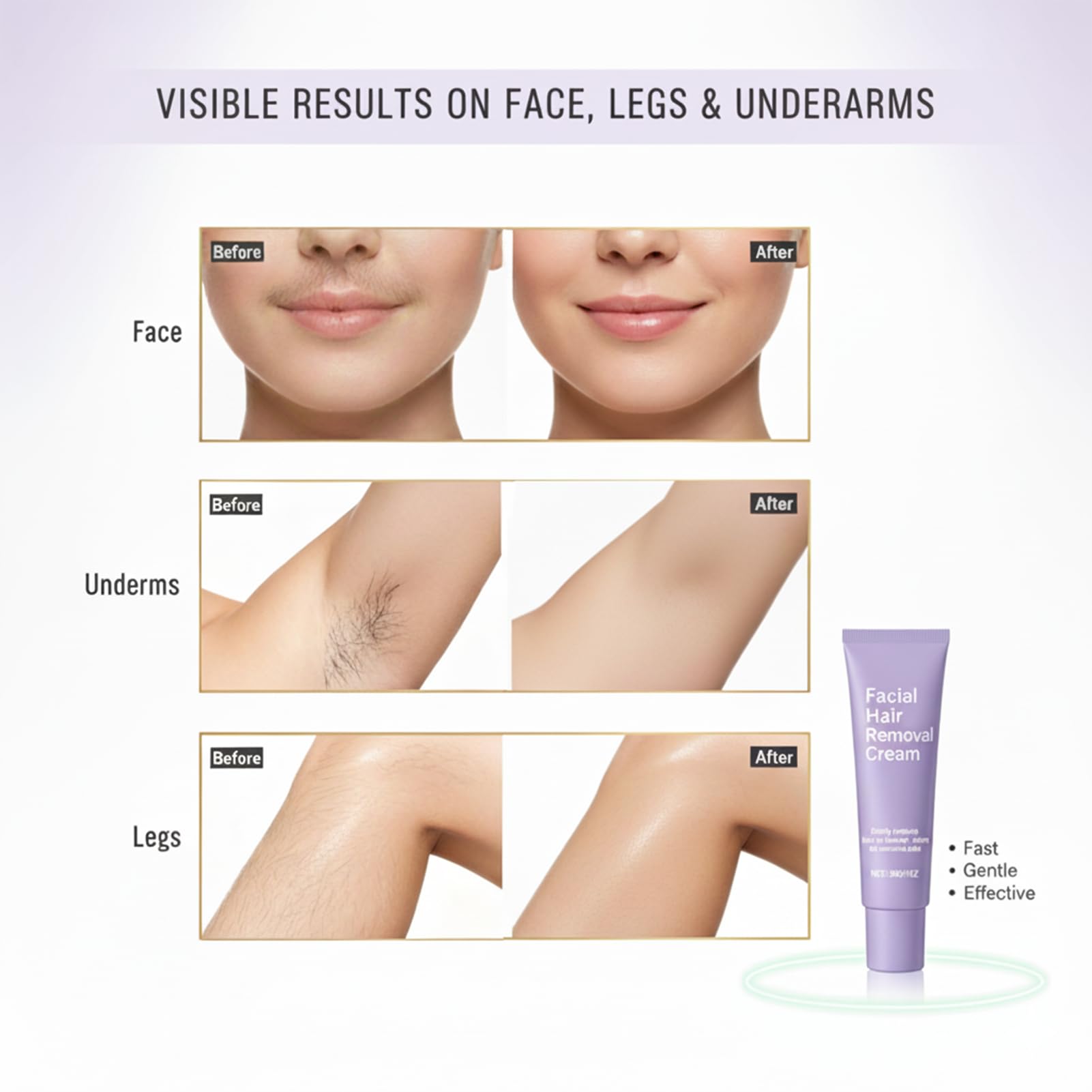 Avant/après illustrant une peau visiblement plus lisse après épilation.