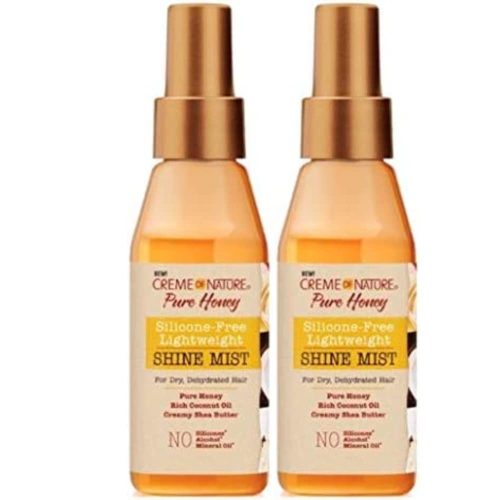 Creme of Nature Pure Honey Shine Mist - démonstration d’application avec éclat durable et sans silicone.