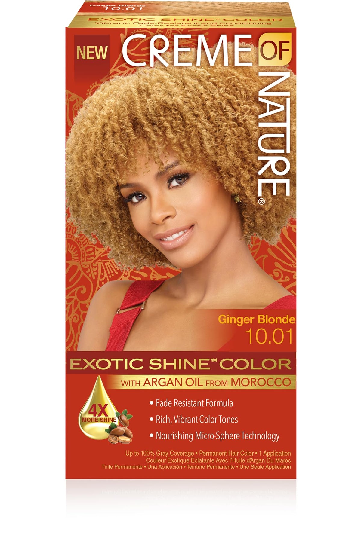 Crème of Nature Exotic Shine bouteille montrant le packaging et le design pratique.