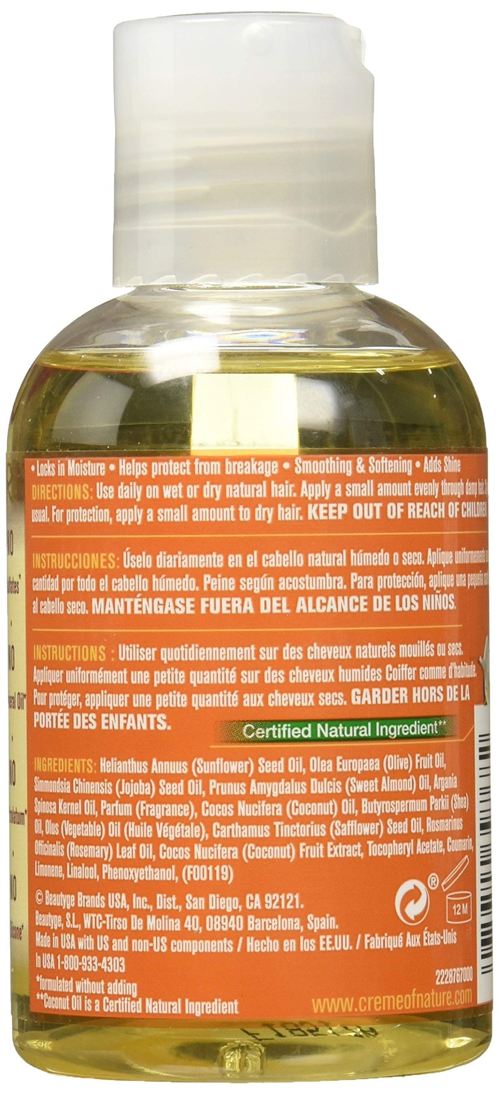 Crème of Nature – application montrant l'huile de coco pour une chevelure lisse et soyeuse.