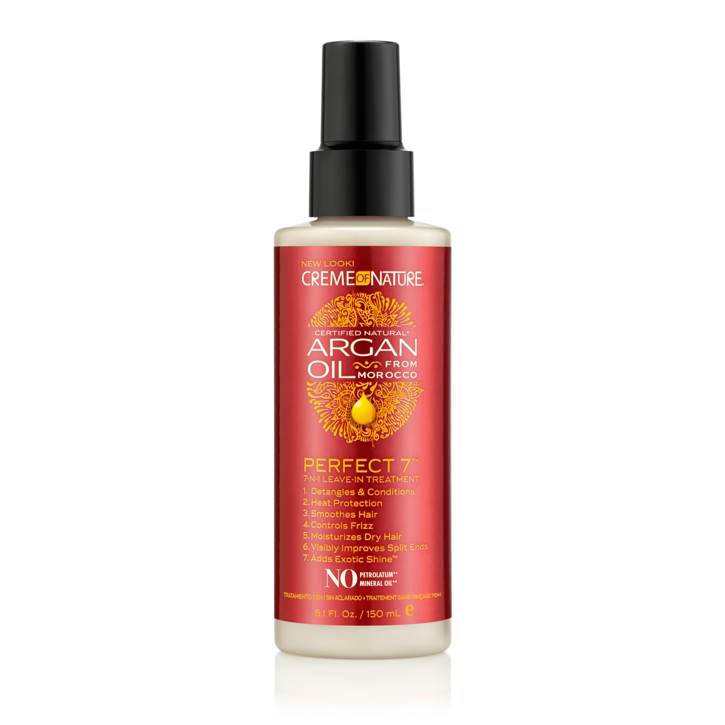 Bouteille Creme of Nature Perfect 7 montrant le soin sans rinçage pour tous types de cheveux.