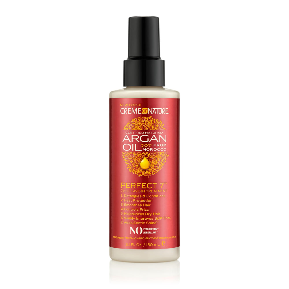 Bouteille Creme of Nature Perfect 7 montrant le soin sans rinçage pour tous types de cheveux.