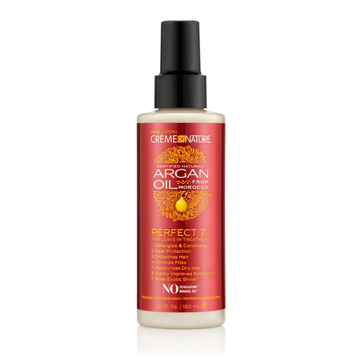Bouteille Creme of Nature Perfect 7 montrant le soin sans rinçage pour tous types de cheveux.
