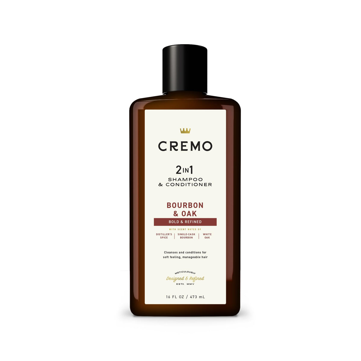 Bouteille Cremo Bourbon & Oak au design élégant, prête pour une routine capillaire premium.