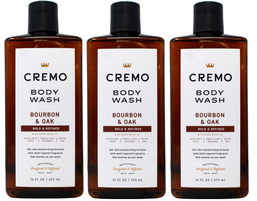 Cremo Douche Bourbon & Oak : bouteille en vedette, parfum boisé et réconfortant.