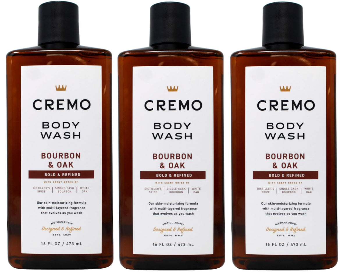 Cremo Douche Bourbon & Oak : bouteille en vedette, parfum boisé et réconfortant.