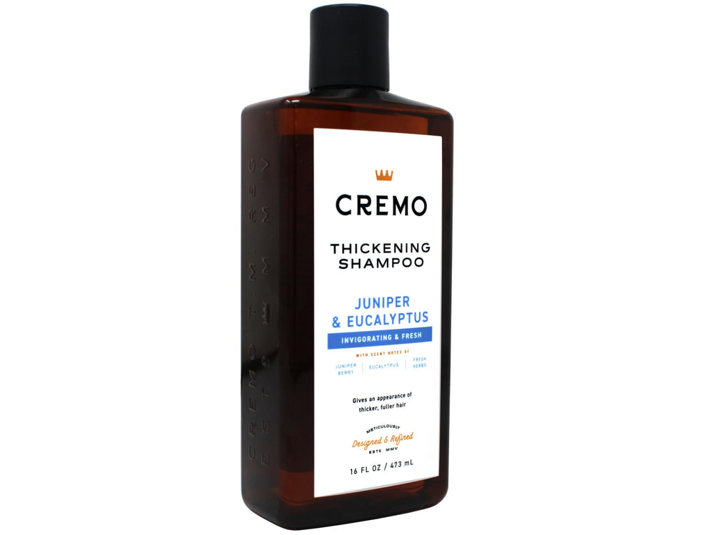 Shampoing Cremo Genievre Eucalyptus sur etagere de douche, prêt pour routine