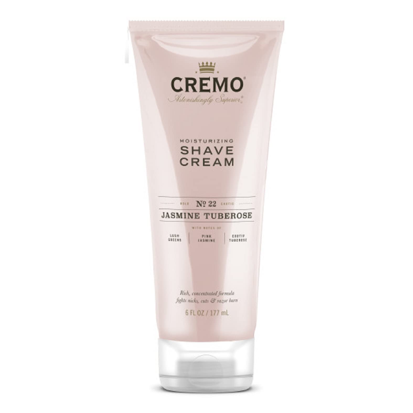 Cremo Jasmine Tuberose, bouteille 177 ml, crème à raser hydratante pour une glisse efficace.