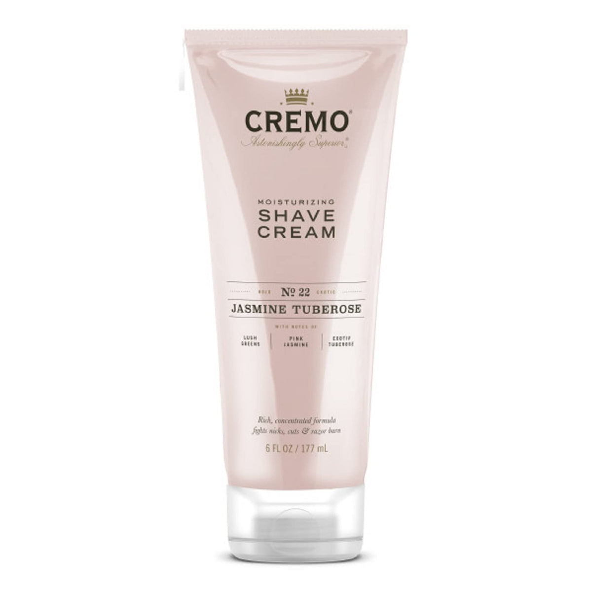 Cremo Jasmine Tuberose, bouteille 177 ml, crème à raser hydratante pour une glisse efficace.
