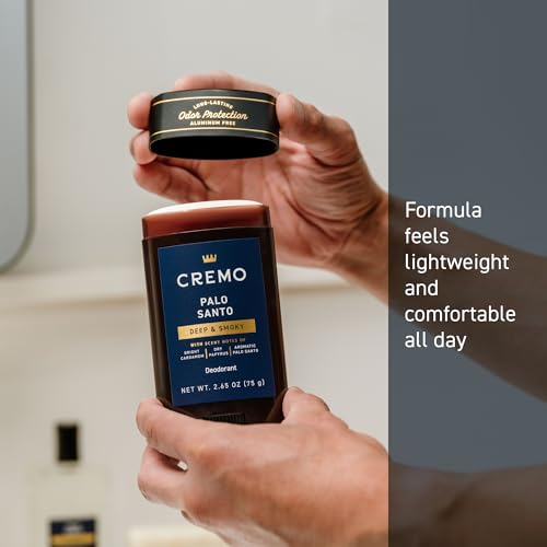 Cremo Palo Santo déodorant — notes cardamome et papyrus sur fond boisé.