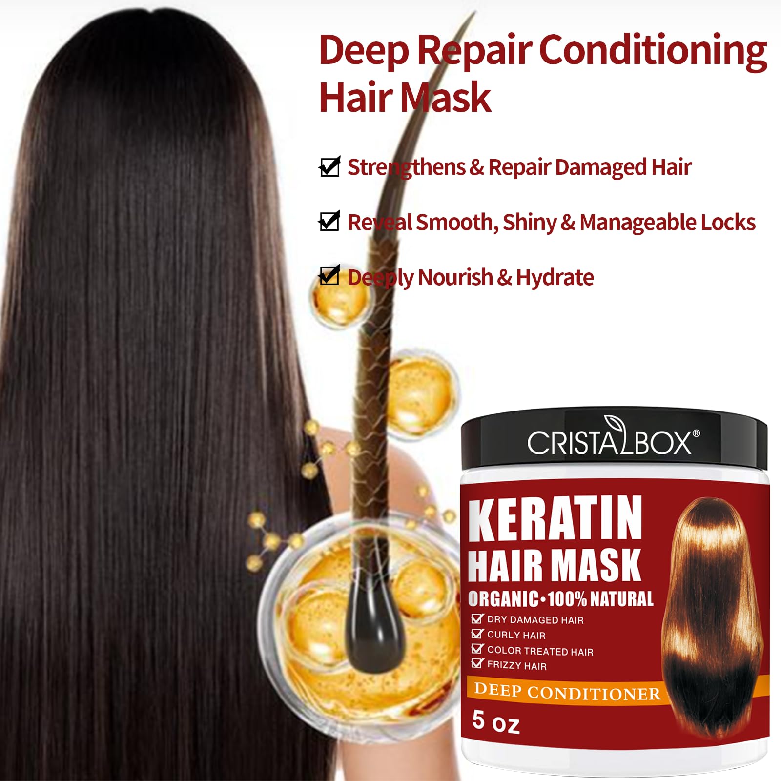 CRISTALBOX Masque Collagène – bouteille hydratante pour cheveux déshydratés et ternes.