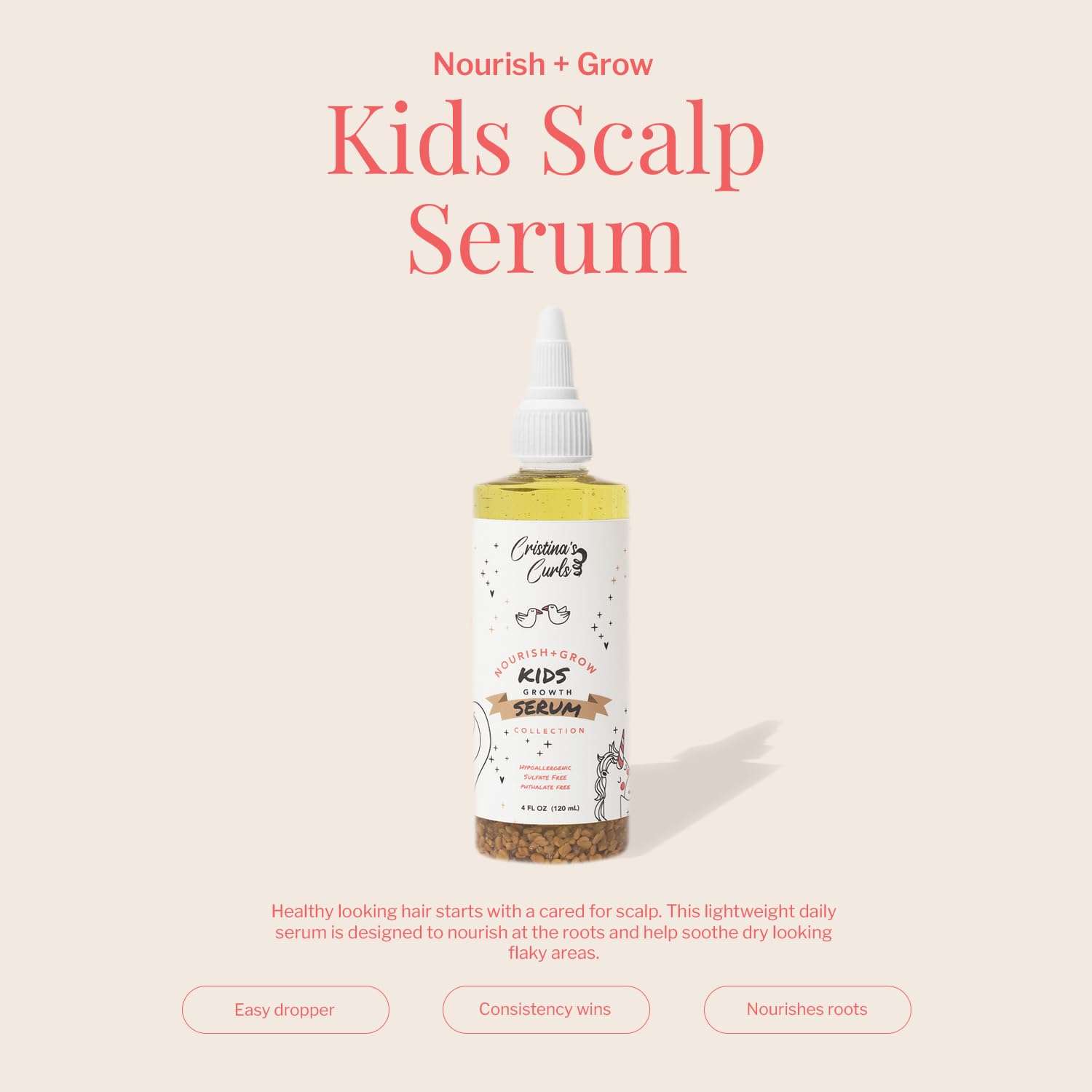 Cristina's Curls Sérum Cuir Chevelu Kids – gouttelette précise pour appliquer le soin le long des raies.
