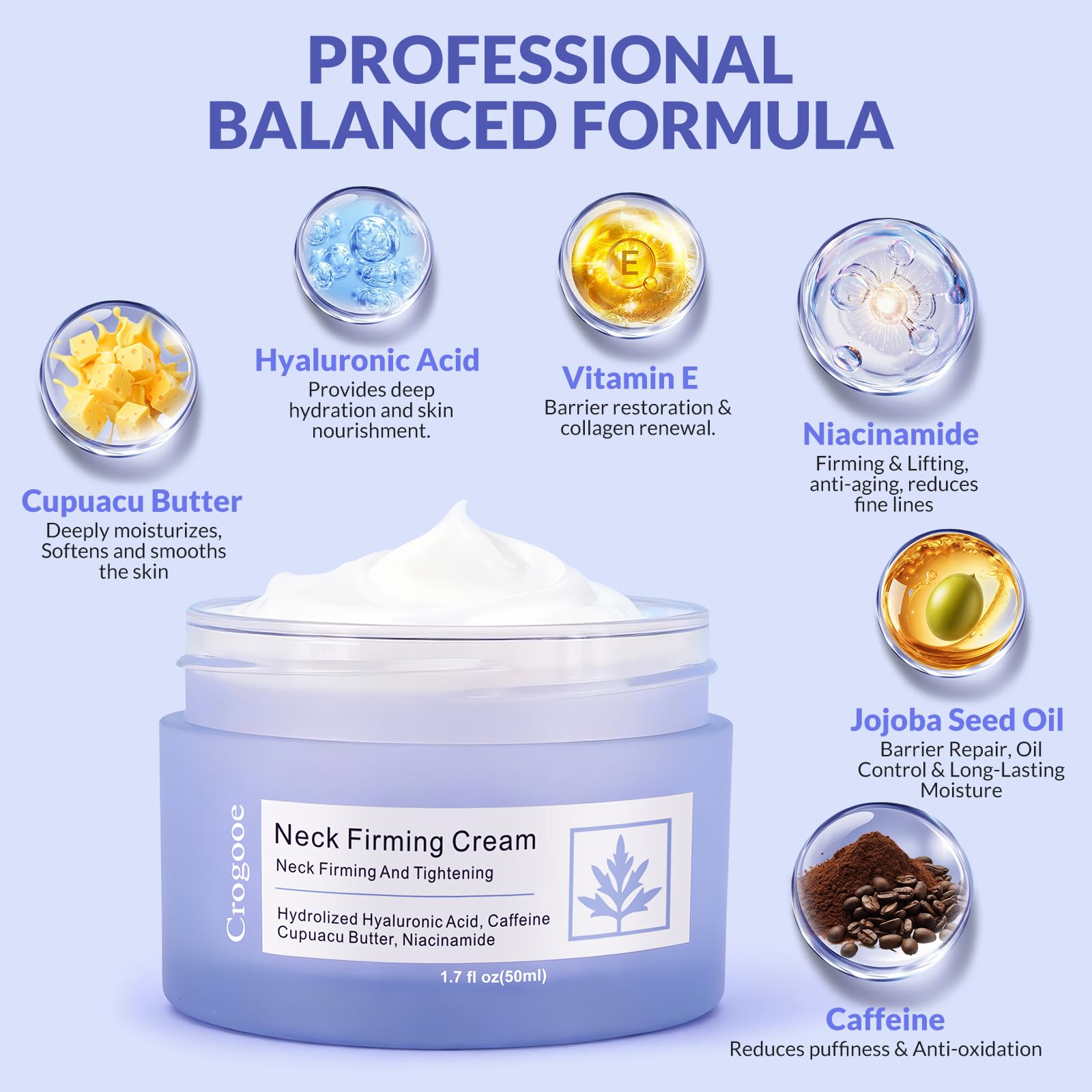 Crogooe Neck Firming Cream ingredients-caffeine-hyaluronic support elasticity and moisture.