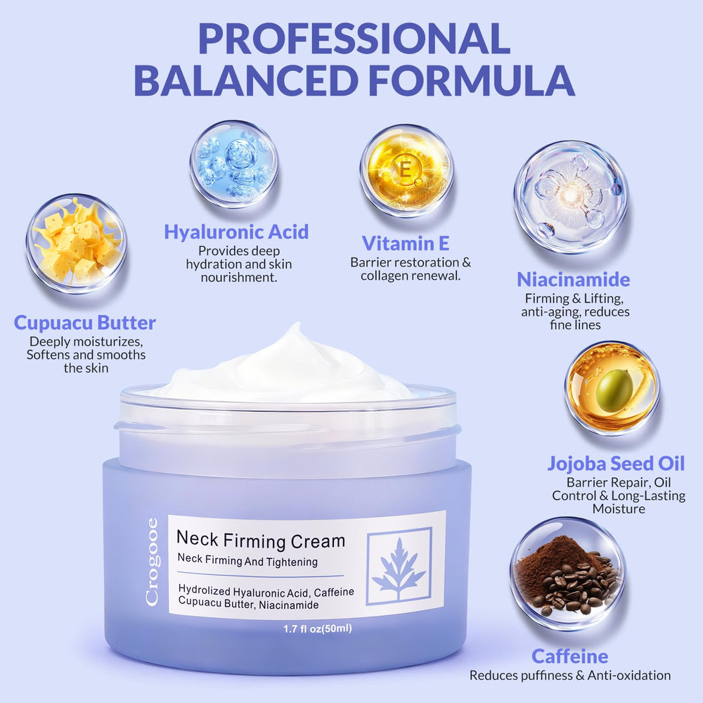 Crogooe Neck Firming Cream ingredients-caffeine-hyaluronic support elasticity and moisture.