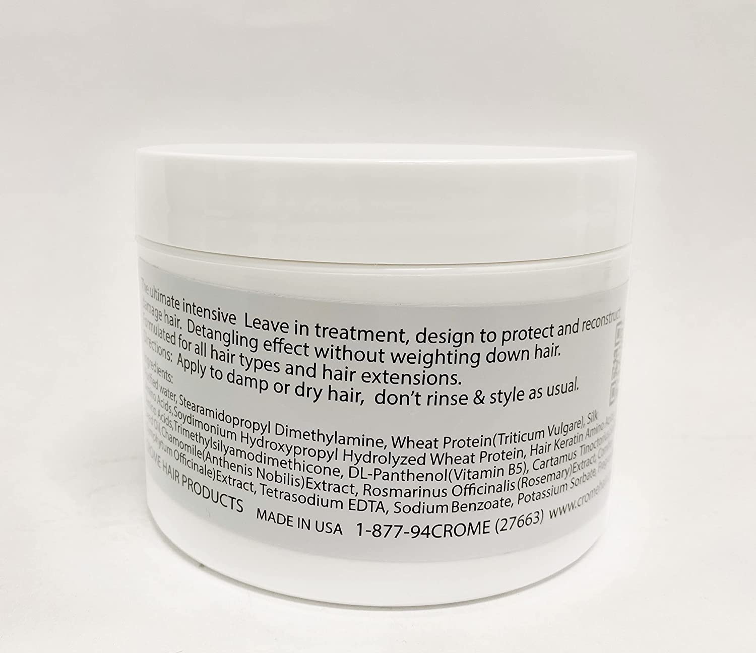 Crome Hair Food : application sans rinçage pour cheveux secs, colorés et abîmés.